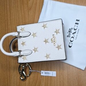 Coach Mini Tote Bag in White with Gold Stars KeyChain